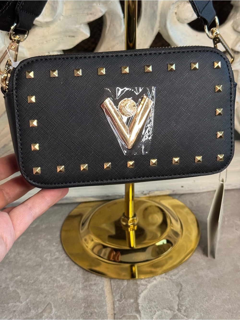 Valentino Orlandi Black Studded Crossbody Bag with Gold V Accent NWT
